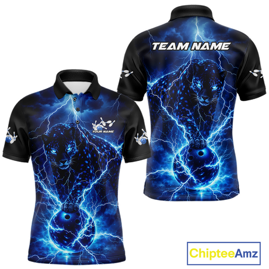 Custom Blue Lightning Thunder Leopard Bowling Shirt Polo & 1/4 Zip Bowling League for Women QZT833