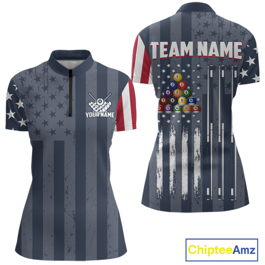 Custom American Flag Billiard Team Shirts for Women Patriotic Billiard Jersey Polo & 1/4 Zip Pool Shirt BHT24