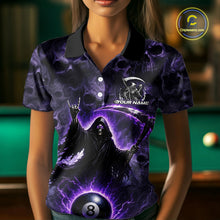 Load image into Gallery viewer, Person wearing a purple and black themed shirt with a graphic design in a pool hall setting.