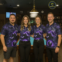 Load image into Gallery viewer, Four people wearing matching purple and black shirts in a pool hall.