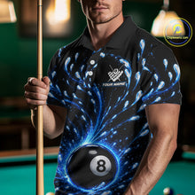 Load image into Gallery viewer, Man holding a pool cue wearing a black polo shirt with a blue and white design and '8' ball on a pool table.