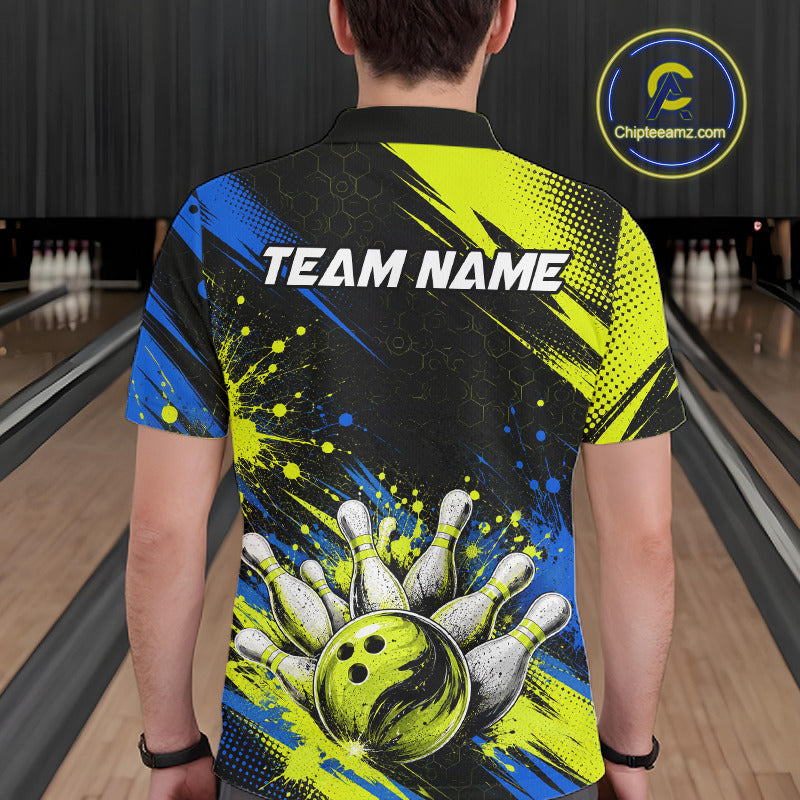 A man viewed from behind wearing a short-sleeve bowling-themed polo shirt with a black, blue, and neon yellow graphic design featuring a bowling ball and pins, with 'TEAM NAME' printed across the back. The background shows bowling lanes