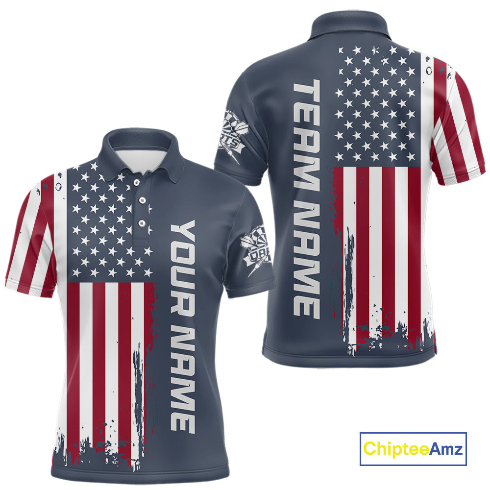 Customizable polo shirt shown from both front and back views. The shirt features a navy blue base with a distressed American flag print in red, white, and blue, with vertical text placeholders 'YOUR NAME' on the front and 'TEAM NAME' on the back.