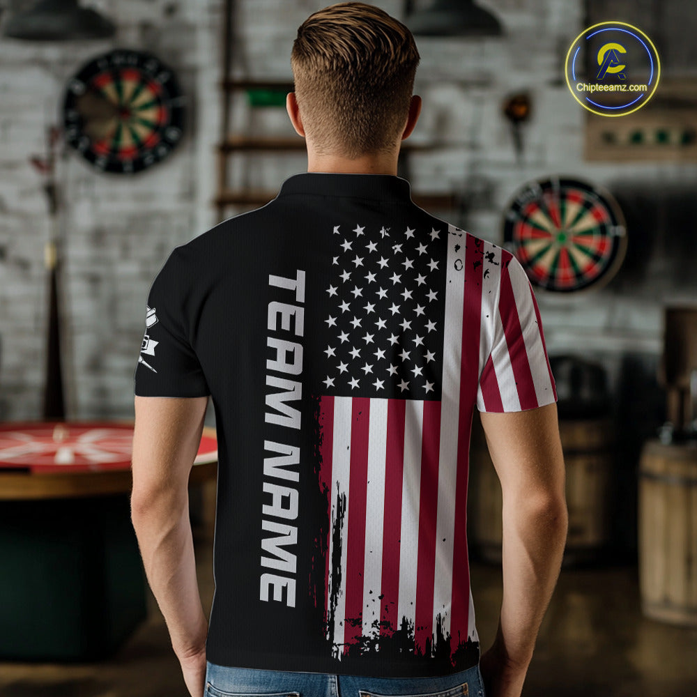 Back view of a man wearing a custom patriotic dart polo with personalized team name and a distressed American flag graphic in a professional dart room.