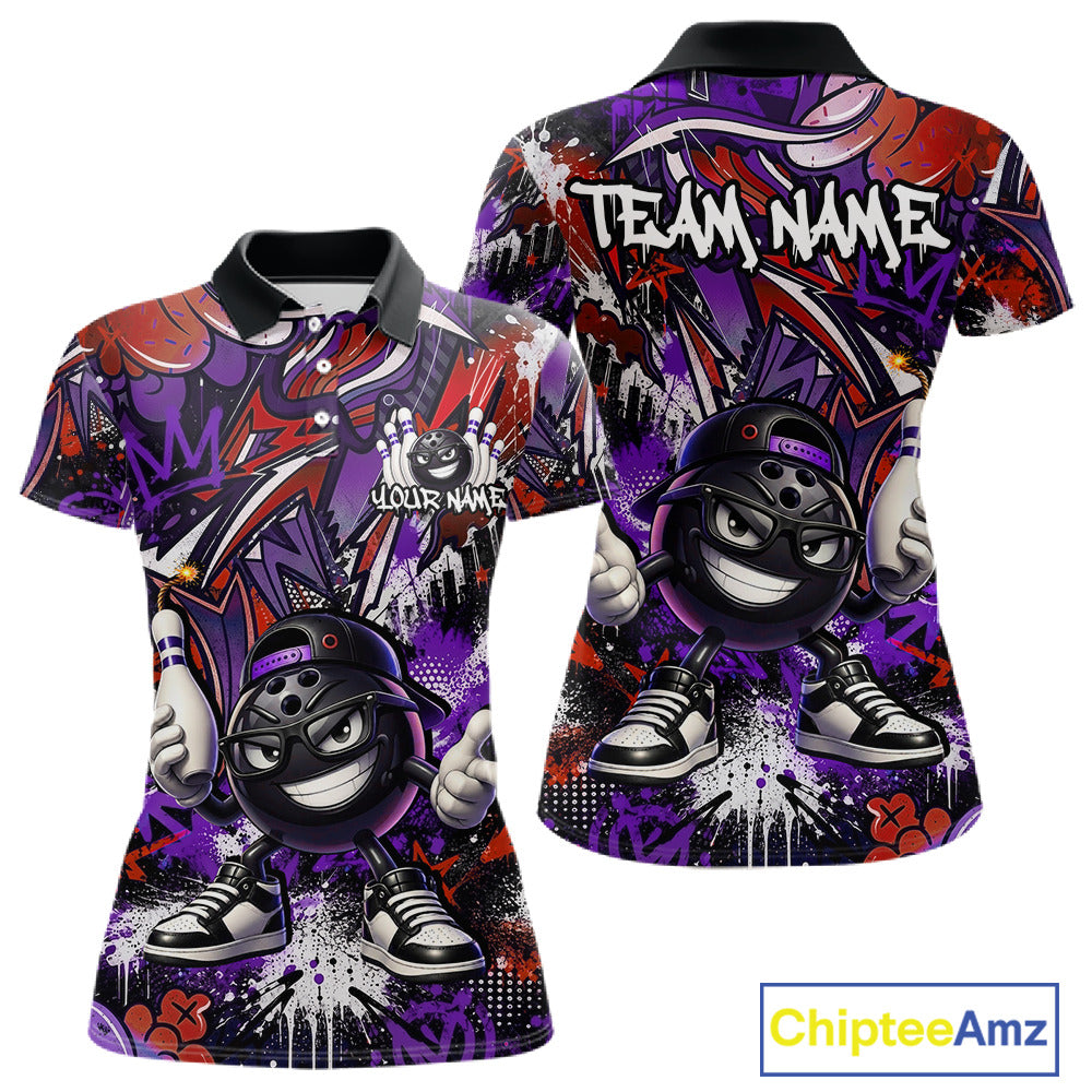 Custom Purple Red Graffiti Funny Bowling Mascot Shirt for Women Polo & 1/4 Zip for Bowling Team QZT1062