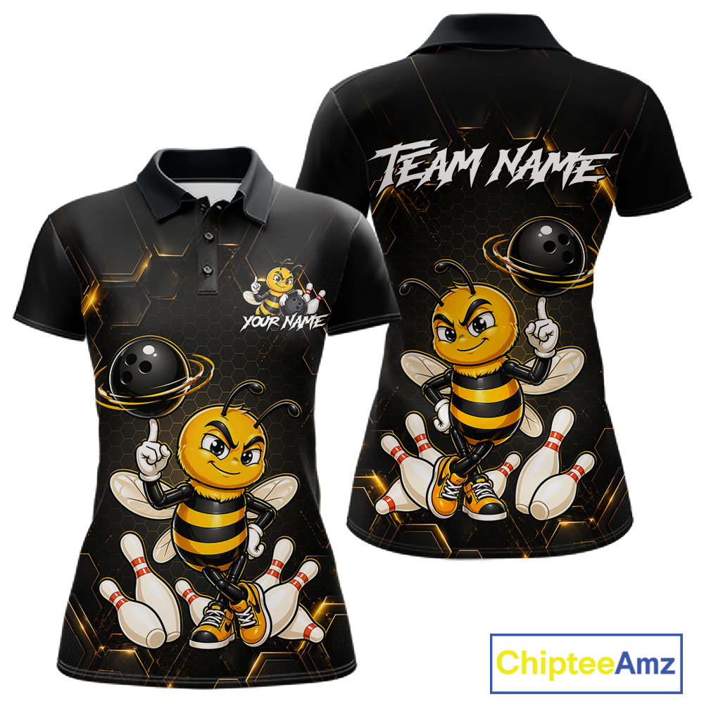 Black & Gold Funny Bee Bowling Shirt for Women Custom Bowling Team Jersey League Polo & 1/4-Zip QZT1008