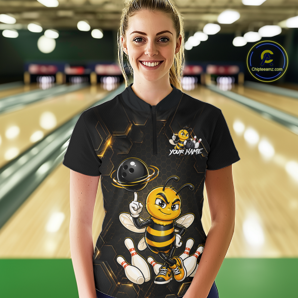 Black & Gold Funny Bee Bowling Shirt for Women Custom Bowling Team Jersey League Polo & 1/4-Zip QZT1008