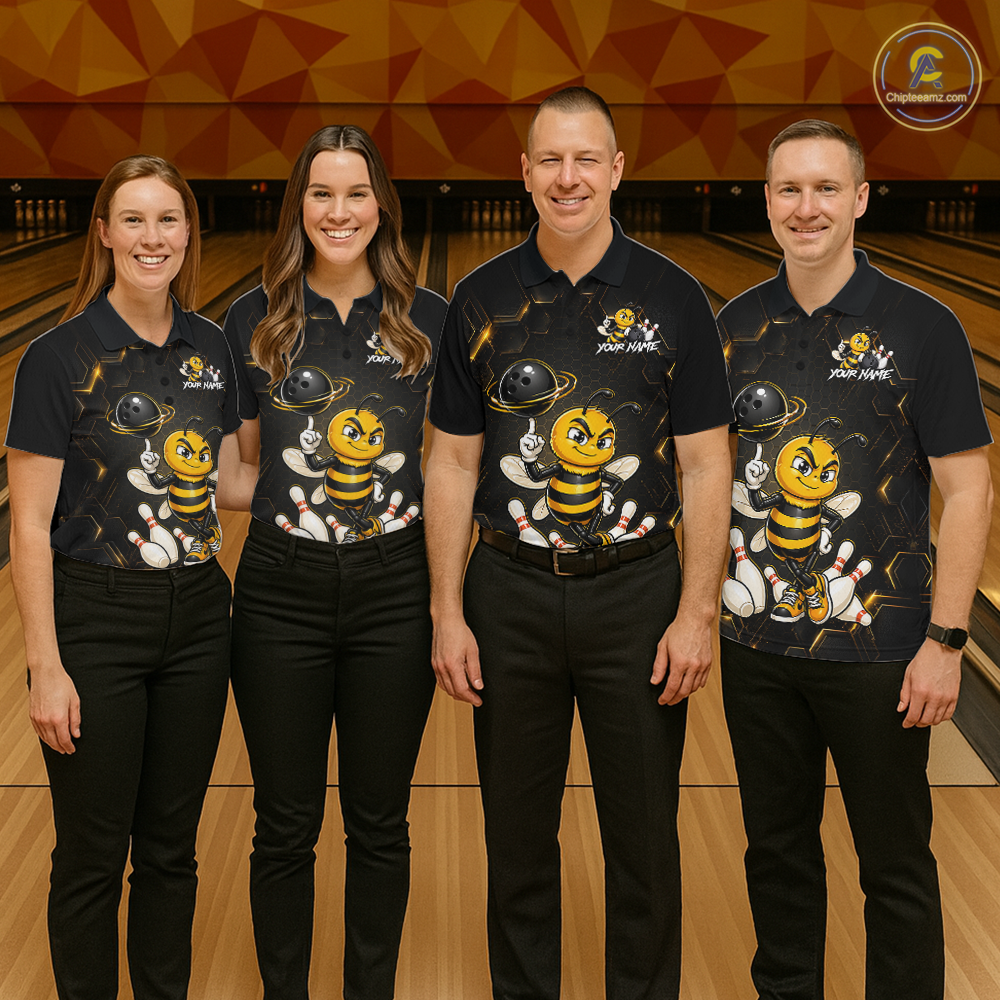 Black & Gold Funny Bee Bowling Shirt for Men Custom Bowling Team Jersey League Polo & Quarter-Zip QZT1008