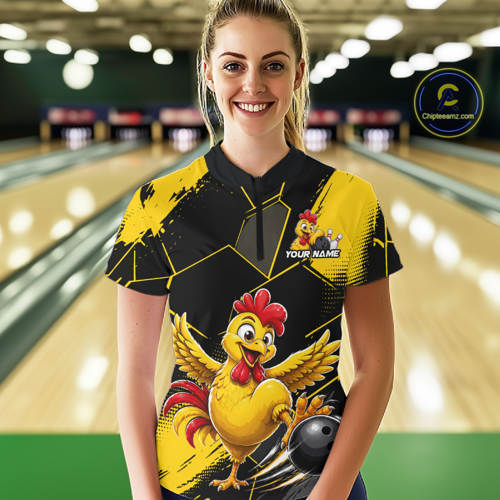 Custom Black & Yellow Funny Chicken Bowling Shirt for Women Bowling Team Jersey Polo & 1/4-Zip QZT1010