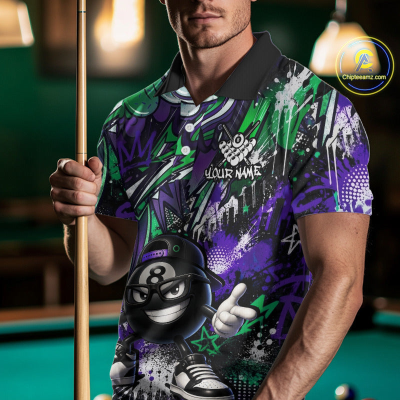 Person wearing a colorful polo shirt with a graphic design, holding a pool cue in a billiards setting.