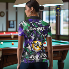 Load image into Gallery viewer, Person wearing a colorful polo shirt with a billiard ball design in a pool hall.