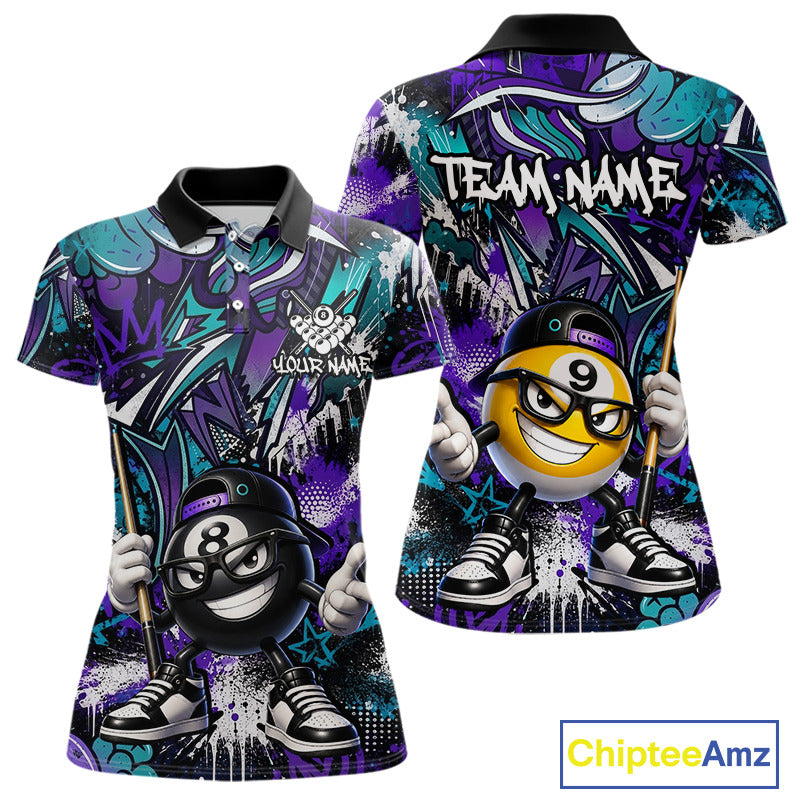 Purple teal polo shirt with cartoon character design and 'Chiptee Amz' branding.