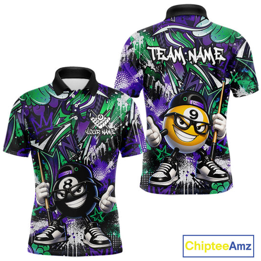 Purple green polo shirts with a cartoon character and 'Team Name' text.