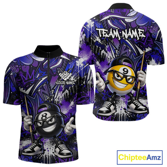 Purple and blue sports jersey with cartoon billiard ball design and 'Team Name' text on a white background.