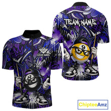 Load image into Gallery viewer, Purple and blue sports jersey with cartoon billiard ball design and 'Team Name' text on a white background.
