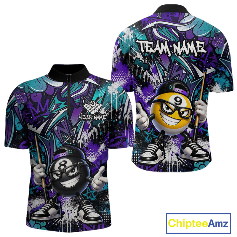 Purple teal billiard shirt with cartoon 8 ball and 9 ball design 