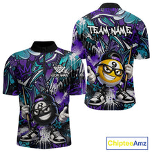 Load image into Gallery viewer, Purple teal billiard shirt with cartoon 8 ball and 9 ball design 