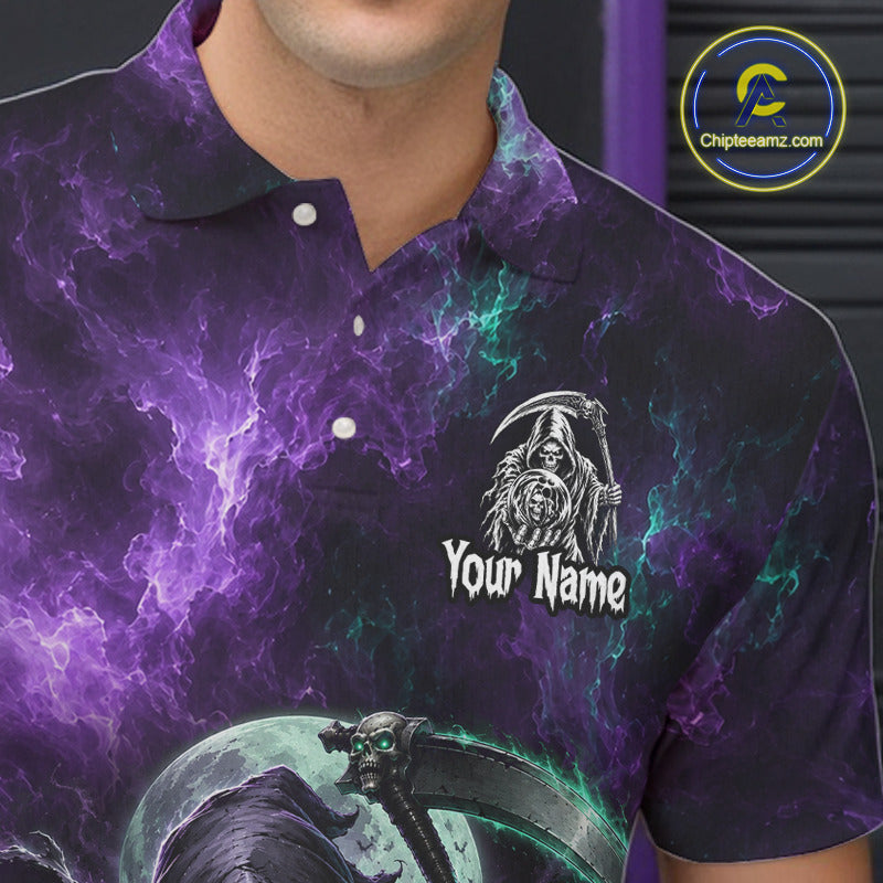 A close-up of a person wearing a short-sleeve polo shirt with a dark purple and black cosmic nebula print, featuring a white grim reaper graphic with the text 'Your Name' on the chest.