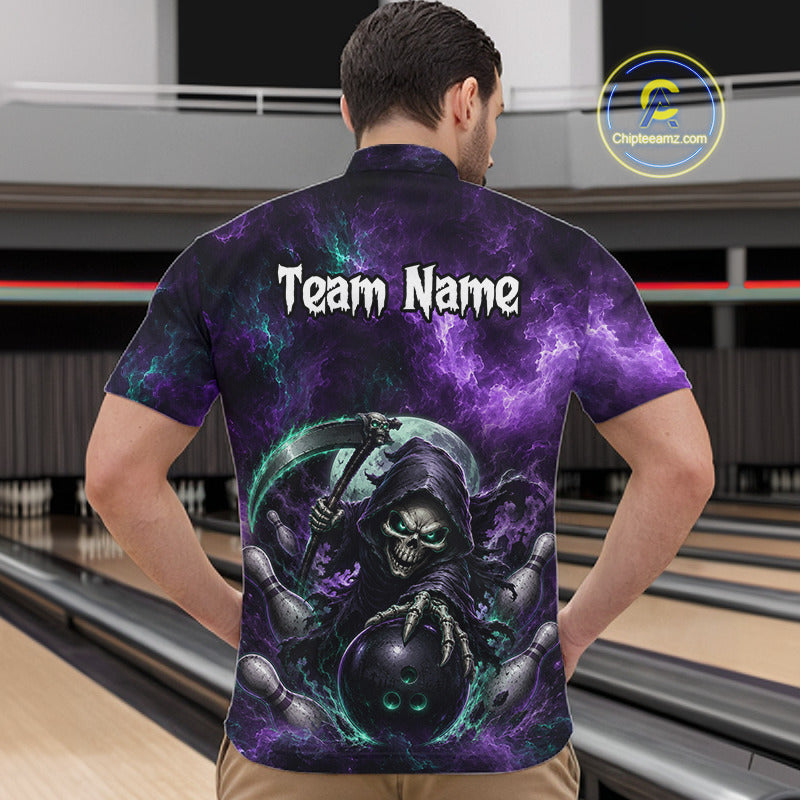 A man viewed from behind wearing a short-sleeve bowling shirt with a large Grim Reaper graphic and the text 'Team Name' on the back. The shirt features a purple and black stormy background with a skull holding a bowling ball.