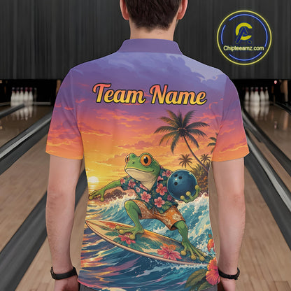 A man viewed from behind wearing a short-sleeve crew-neck shirt with a colorful tropical sunset print and a cartoon frog surfing while holding a bowling ball. The shirt has 'Team Name' printed across the upper back.