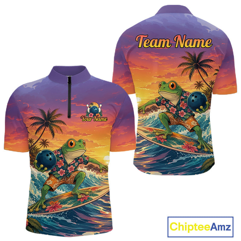 A short-sleeve quarter-zip  shirt shown from both front and back, featuring a colorful tropical graphic of a green frog surfing on a wave at sunset, with palm trees and a blue bowling ball. The front has a small chest graphic with placeholder text, and the back has large 'Team Name' text.