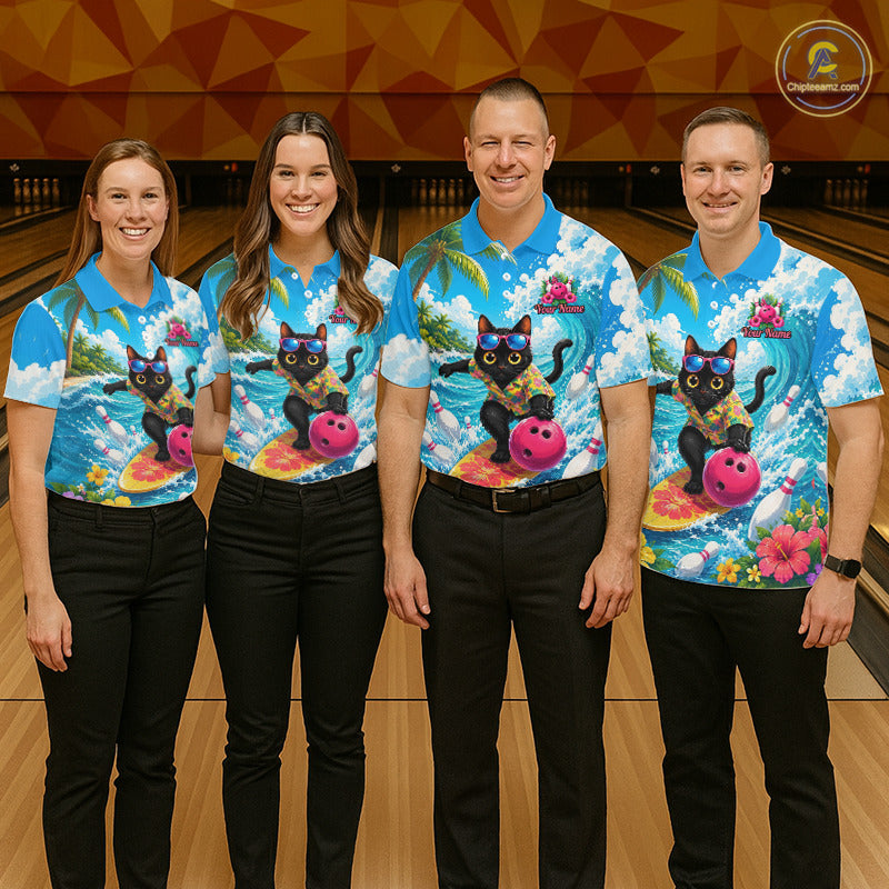 Four people standing in a bowling alley wearing matching blue Hawaiian-style shirts with a graphic of a black cat bowling with a pink bowling ball, paired with black pants.