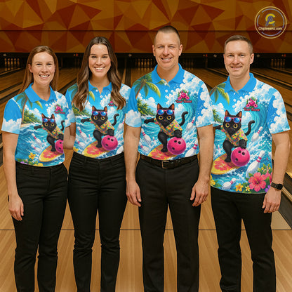 Four people standing in a bowling alley wearing matching blue Hawaiian-style shirts with a graphic of a black cat bowling with a pink bowling ball, paired with black pants.