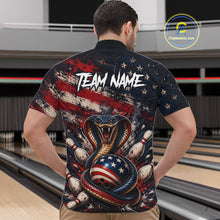 Load image into Gallery viewer, Man wearing a bowling-themed shirt with an American flag design in a bowling alley.