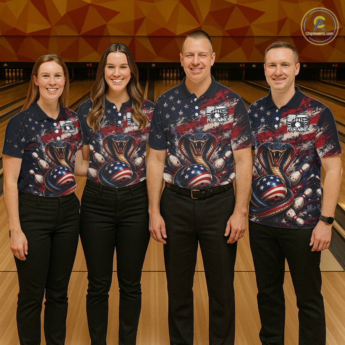 Four people wearing matching bowling shirts with a snake and American flag design in a bowling alley.