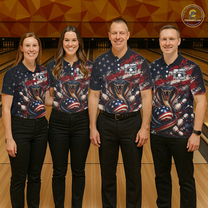 Four people wearing matching bowling shirts with a snake and American flag design in a bowling alley.