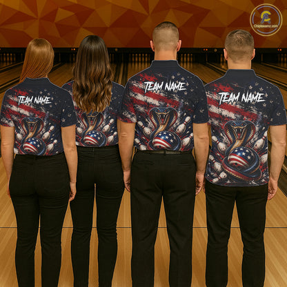 Four people wearing bowling shirts with team names and American flag designs on a bowling alley.