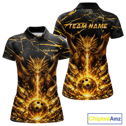 Custom Black and Gold Bowling Shirt Dragon Bowling Jersey League for Women Polo & 1/4-Zip Outfit QZT834