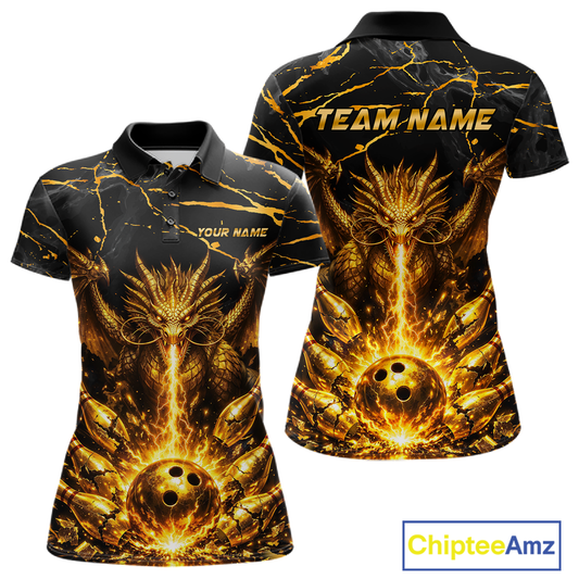 Custom Black and Gold Bowling Shirt Dragon Bowling Jersey League for Women Polo & 1/4-Zip Outfit QZT834