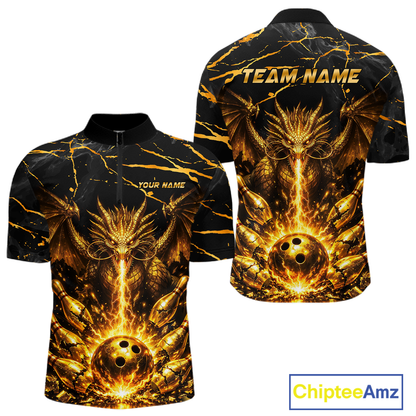 Custom Black and Gold Bowling Shirt Dragon Bowling Jersey League for Men Polo & 1/4-Zip Outfit QZT834