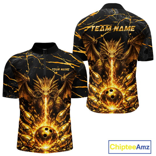 Custom Black and Gold Bowling Shirt Dragon Bowling Jersey League for Men Polo & 1/4-Zip Outfit QZT834
