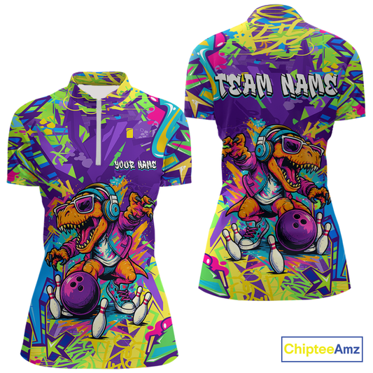 Custom Funny Graffiti Dinosaur Bowling Shirt Polo & 1/4 Zip Bowling Jersey for Women Bowling Outfit QZT795