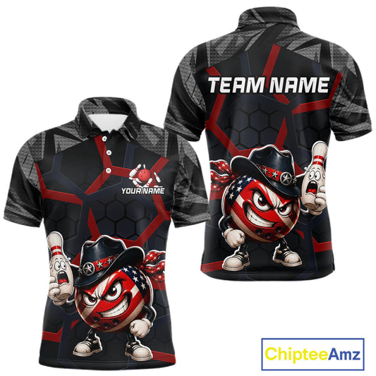 Bowling-themed shirt with cartoon bowling balls and a team name placeholder on a white background.