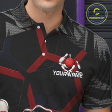 Load image into Gallery viewer, Black bowling shirt with red and white design and 'Your Name' text, brand logo visible.
