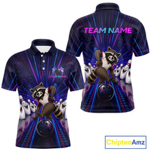 Load image into Gallery viewer, Bowling-themed polo shirt with raccoon graphic and customizable text on a white background