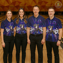 Load image into Gallery viewer, Four people wearing matching bowling shirts with raccoon graphics on a bowling alley.