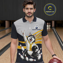 Load image into Gallery viewer, Man wearing a bowling-themed shirt with a dog graphic in a bowling alley.