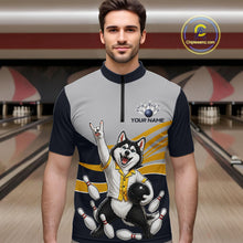 Load image into Gallery viewer, Man wearing a bowling-themed shirt with a dog design in a bowling alley.