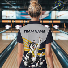 Load image into Gallery viewer, Person wearing a bowling shirt with a dog graphic and 'Team Name' text in a bowling alley.