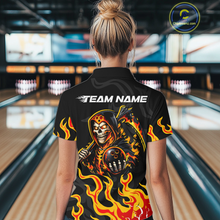 Load image into Gallery viewer, Custom Orange Flame Skull Bowling Shirt for Women Bowling Jersey League Bowling Gifts QZT842