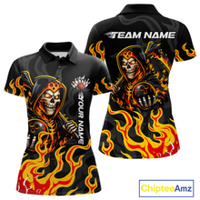 Load image into Gallery viewer, Custom Orange Flame Skull Bowling Shirt for Women Bowling Jersey League Bowling Gifts QZT842