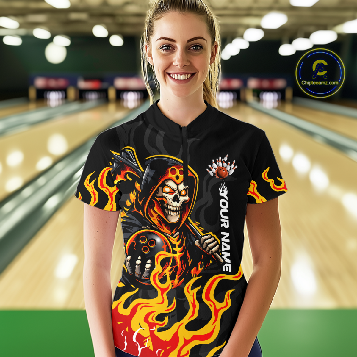 Custom Orange Flame Skull Bowling Shirt for Women Bowling Jersey League Bowling Gifts QZT842