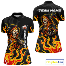 Load image into Gallery viewer, Custom Orange Flame Skull Bowling Shirt for Women Bowling Jersey League Bowling Gifts QZT842