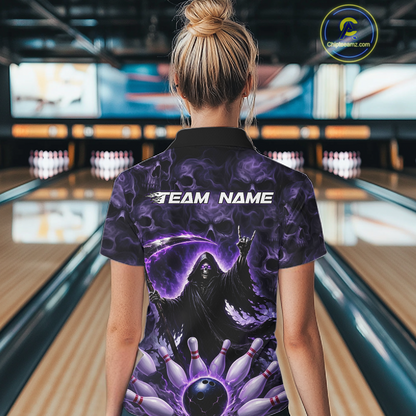 Custom Grim Reaper Bowling Shirt for Women Skull Pattern Bowling Jersey Polo &1/4 Zip QZT978