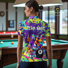 Load image into Gallery viewer, Person wearing a colorful polo shirt with a dinosaur design and 'Team Name' text in a pool hall.