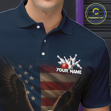 Load image into Gallery viewer, Close-up front view of custom navy patriotic bowling polo shirt showing Your Name, bald eagle graphic and American flag design